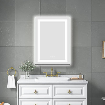 Miroir de salle de bain 24 po x 28 po à DEL avec façade et rétroéclairage, miroir de meuble-lavabo mural avec cadre en aluminium, antibuée, mémoire, 3 couleurs, gradation continue