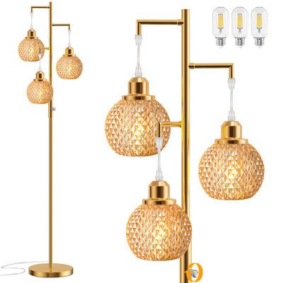68" Glass Floor Lamps for Living Room, Modern Standing Lamp with Stepless Dimmable for Bedroom Home Office, Rotary Switch, 3 LED Bulb Included, Amber