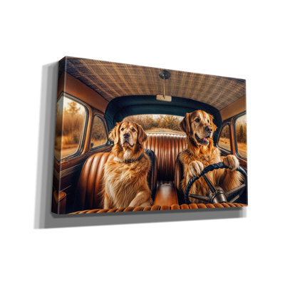  «Two Golden Retriever Dogs in Vintage Car» par Rey Klimt, art mural sur toile, 18 po x 12 po