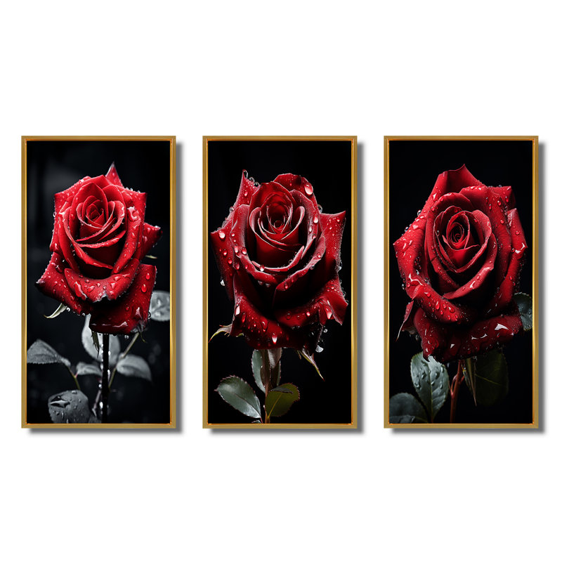 «Red Black Rose Elegance», 3 pièces sur toile, H 28 po x l 36 po, Encadrement doré