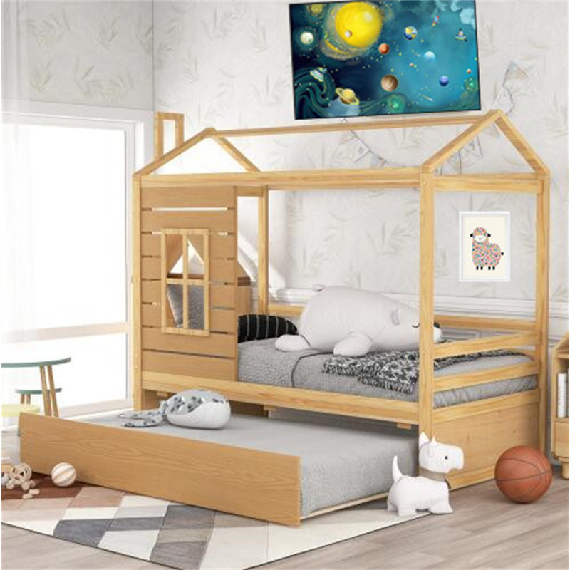 Lit en bois avec lit gigogne simple Ault, Naturel