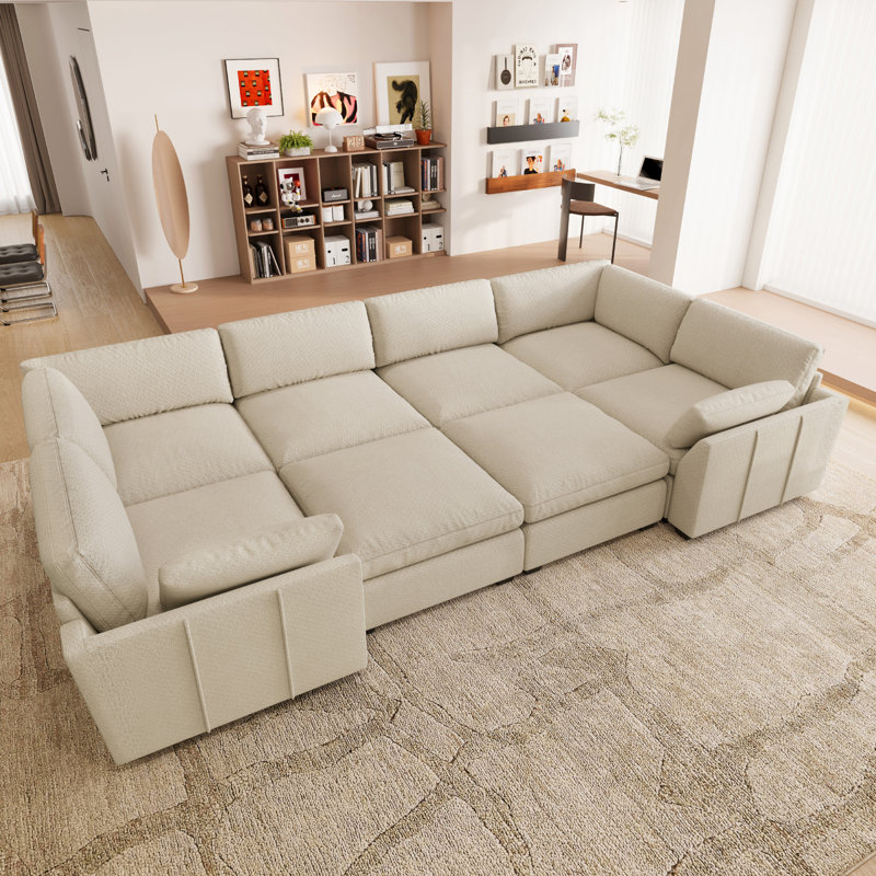 Canapé 4 places en chenille imperméable en forme de U avec doubles sièges d'angle et doubles poufs, Chenille beige