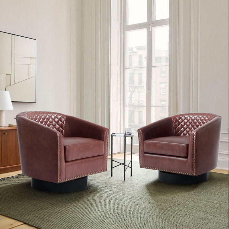 Bennett Upholstered Red Brown Faux Leather Tufted Barrel Small Swivel Chair with Nailhead Trim, Red Brown Faux Leather