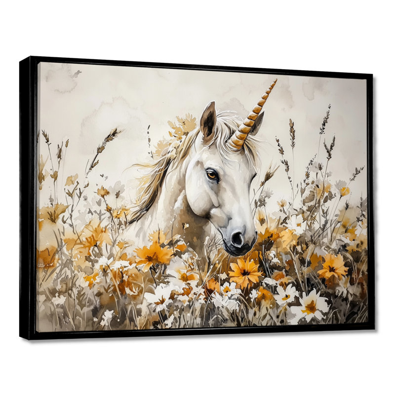 Décoration murale licorne dans la prairie fleurie I - licornes, H 24 po x l 32 po, Noir