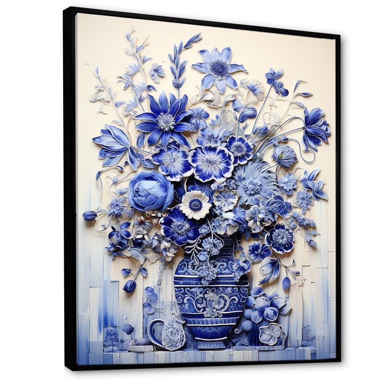 «Blue and White Boho plant Pottery II», impression sur toile Boho Pottery, H 44 po x l 34 po x P 1,5 po, Cadre flottant noir