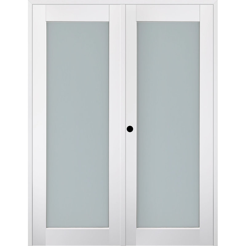 Solid Pine and Frosted Glass Paneled French Door, 55.5" x 79.38"