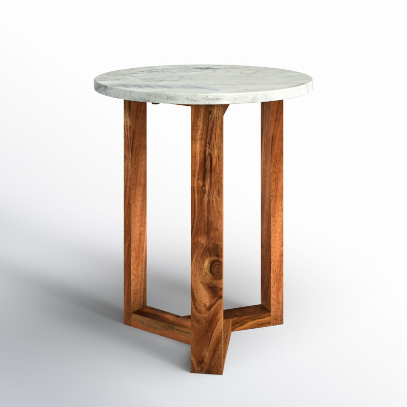 Round Marble and Acacia Wood Side Table