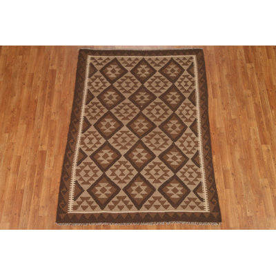 Tapis brun en laine noué à la main de conception unique 4 pi 10 po x 6 pi 6 po New Age