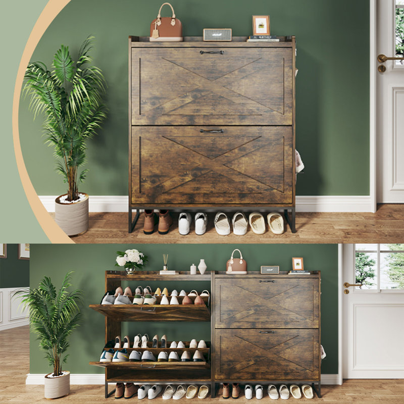 Shoe Cabinet With 2 Flip Drawers Rustic Wood Shoe Storage For Entryway