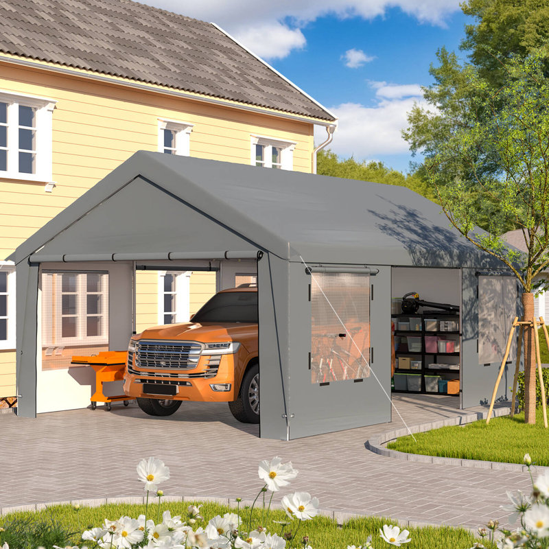 13' X 20' Heavy-duty Portable Garage, Carport With Removable Sidewalls & Roll-up Windows, All-season Carport Shelter For Truck, Boat, Tractor, Gray