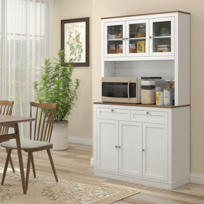 71" Tall Kitchen Pantry Storage Cabinet with Microwave Stand, Freestanding Buffet with Hutch, 2 Drawers, 5 Doors, Adjustable Shelves and Glass Doors by Red Barrel Studio