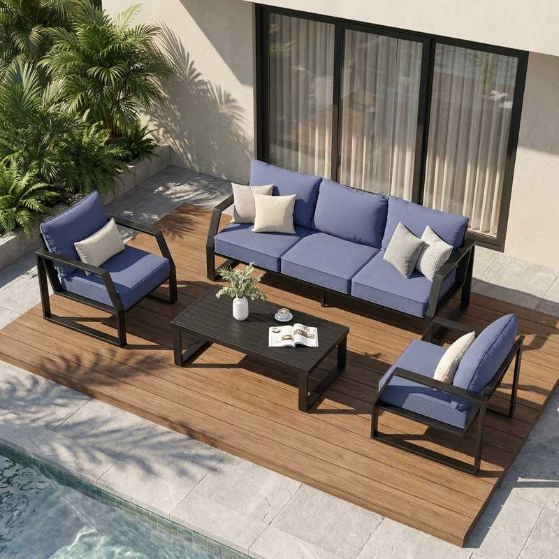 Ensemble de conversation moderne 4 pièces pour patio avec canapé 3 places, fauteuils et table basse