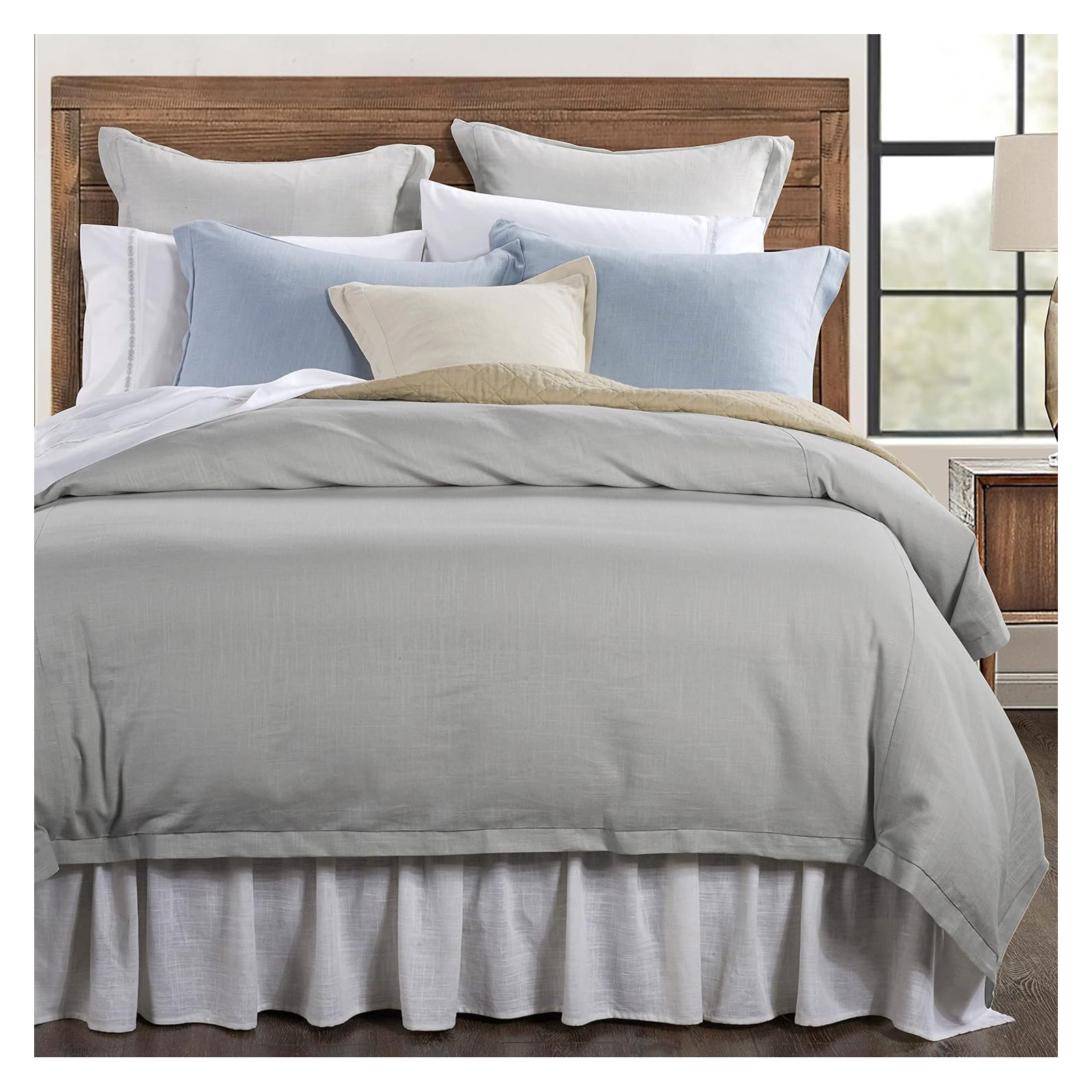 Hera Washed Linen Flange Modern Rustic Chic 3 Piece Comforter Set, Light Gray, King Comforter + 2 Shams