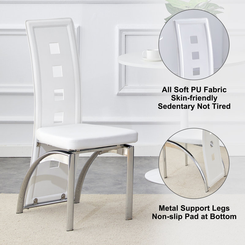Modern Faux Leather Upholstered Dining Chair with Curved Metal Legs & Cut-out Back (Set of 2), Silver, White, 2