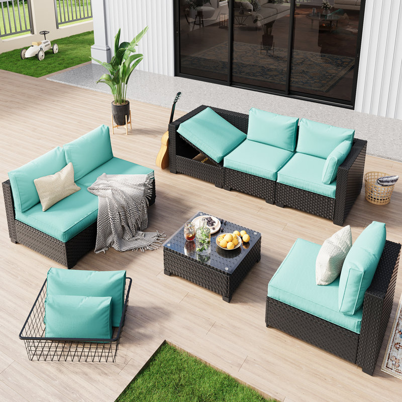𝗙𝘂𝗹𝗹𝘆 𝗔𝘀𝘀𝗲𝗺𝗯𝗹𝗲𝗱 𝗖𝗵𝗮𝗶𝗿𝘀, 6-Person Patio Furniture Set Rattan Modular Conversation Sets Outdoor Seating Sofa Group With Extra Blue Cushion Covers