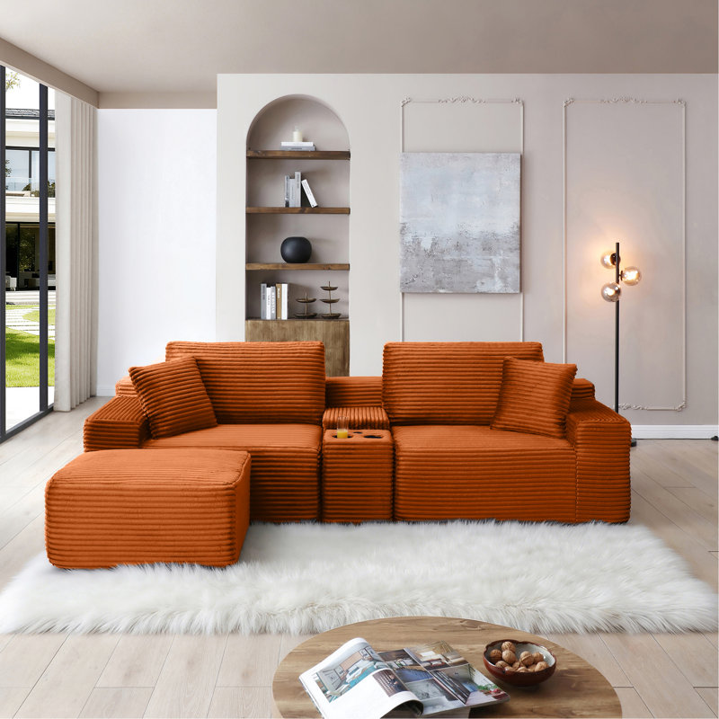 Canapé modulaire orange avec porte-gobelets, hublots, rangement dissimulé, fonction de couchage, mobile désossé pour le salon, sans assemblage, velours côtelé doux, tissu en velours côtelé 4 pièces personnalisable, en forme de L