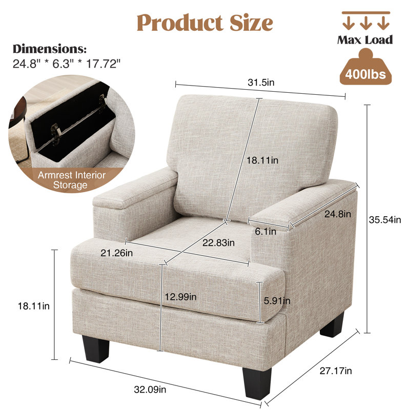 Fauteuil rembourré avec rangement intérieur pour accoudoirs, Beige