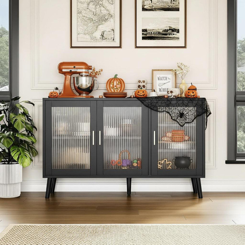 48" Buffet Cabinet with Storage, Large Sideboard Cabinet with 3 Fluted Glass Doors, Modern TV Consoles Stand Cabinet for Kitchen, Dinning Room, Hallway, Living Room