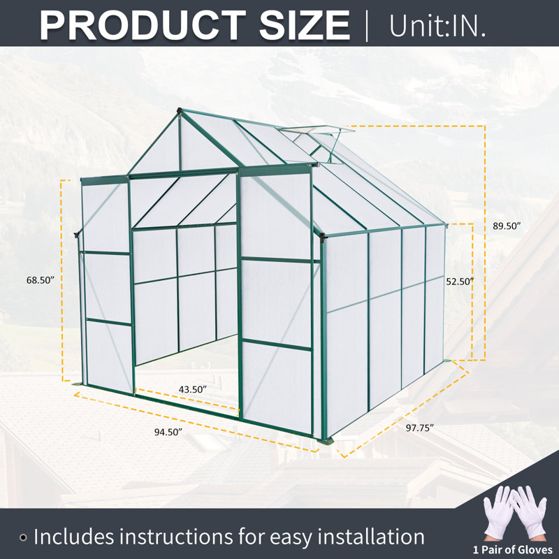 8x8 Polycarbonate Greenhouse With Double Door For Outdoor Backyard Green