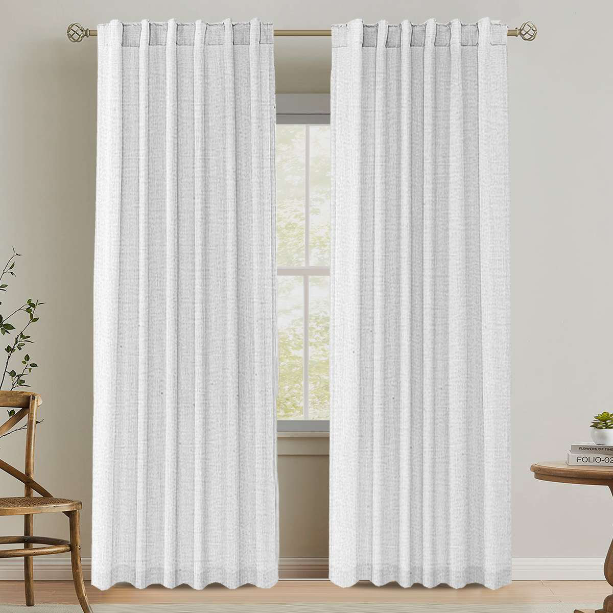 Linen Semi-Sheer Curtain Panel Set, Heathered White, 52" W x 96" L