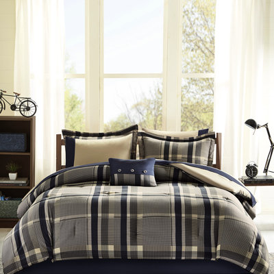 Édredon simple avec draps à motif écossais - Microfibre douce de qualité marine et taupe, durable