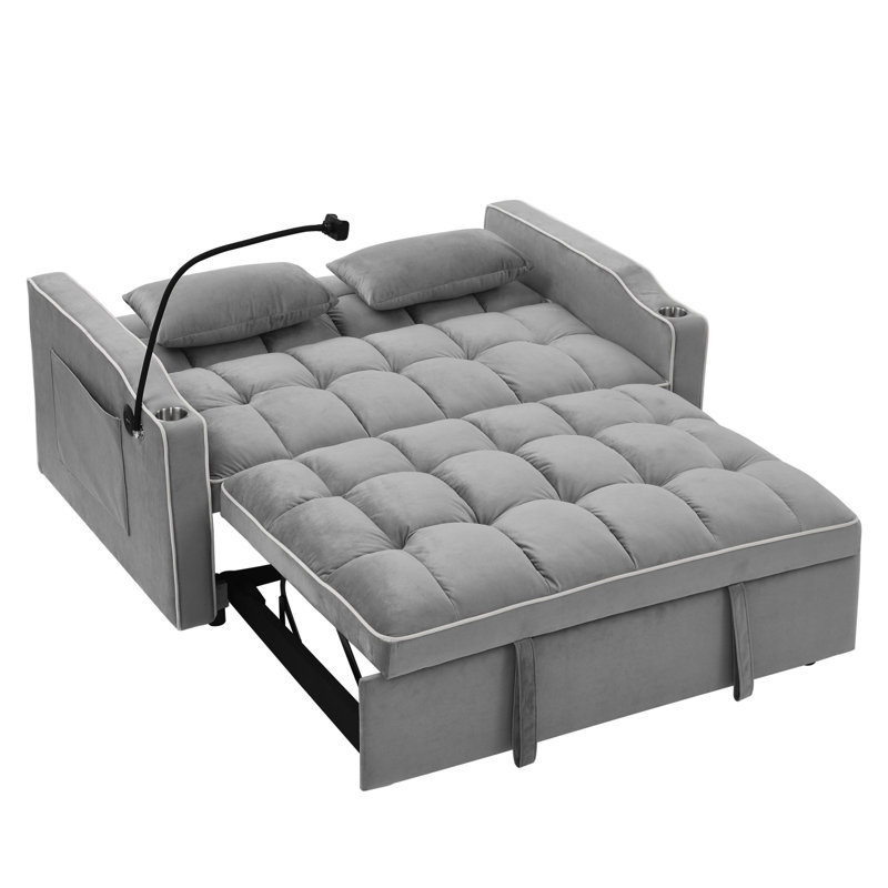 Canapé-lit pliable polyvalent de 55,51 pouces en 3 longueurs, canapé-lit moderne, canapé-lit en velours, dossier réglable, port USB, cendrier et support pour téléphone pivotant (gris)