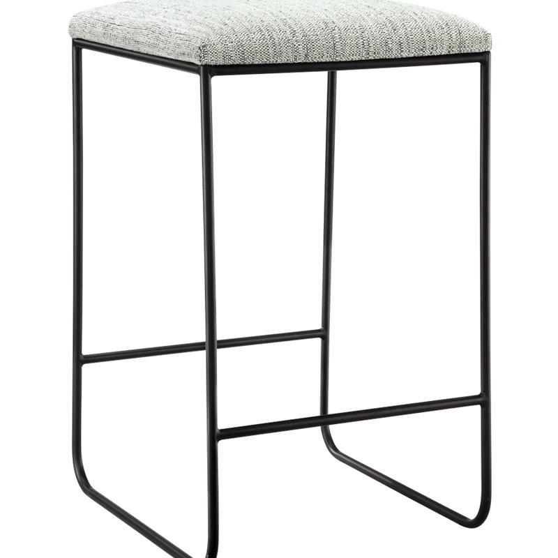 Tabouret de comptoir avec siège en faux lin gris élégant et structure en métal noir mat, base texturée fine sans assemblage,