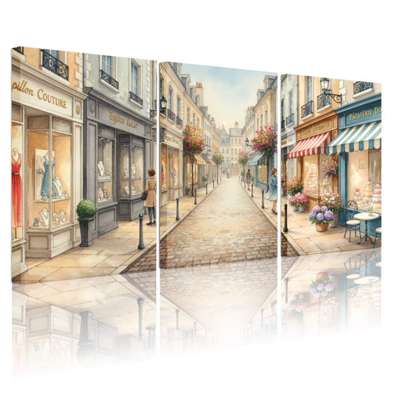 Ensemble de 3 impressions sur toile, scène de rue parisienne avec boutiques et fleurs, H 24 po x l 48 po