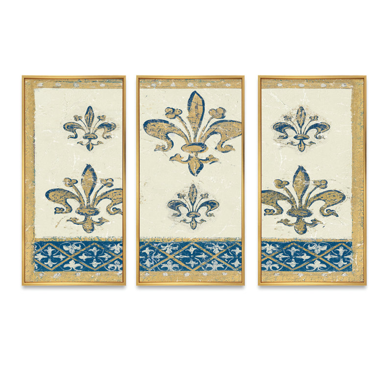 Fleur de lis, motif doré - ensemble d'art mural sur toile traditionnel encadré de 3, H 20 po x l 36 po x P 1 po, Or
