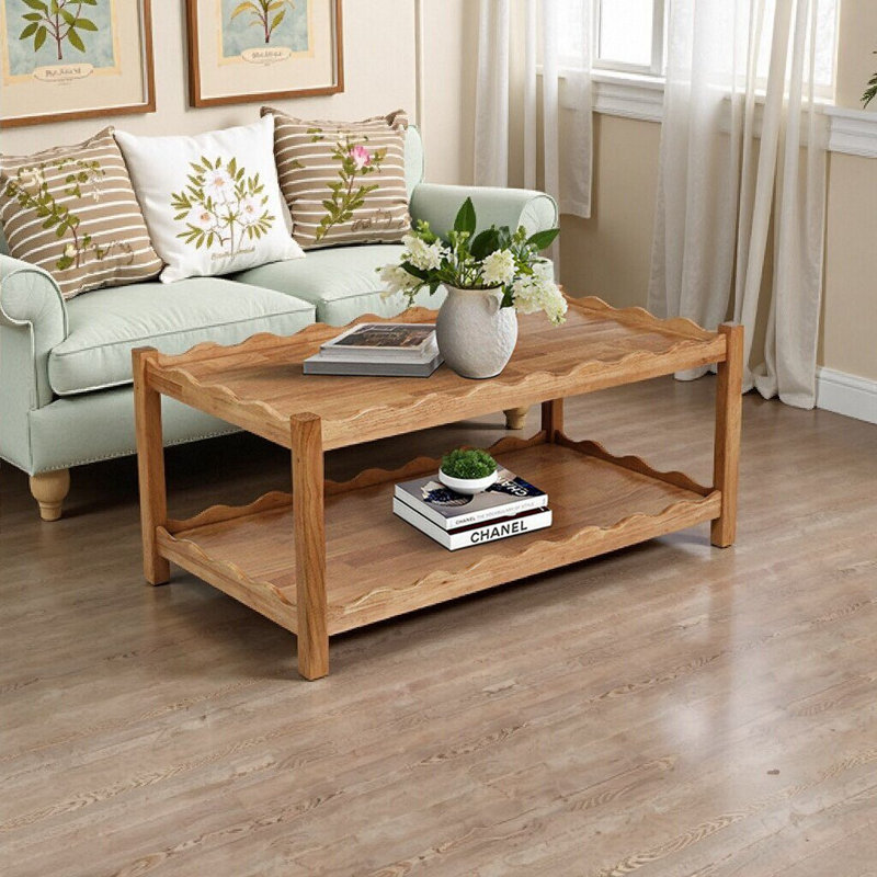 Table basse moderne à 2 niveaux avec tablette ouverte, pieds en bois d'hévéa massif