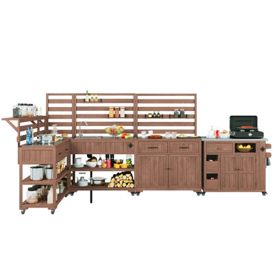 4-Piece Outdoor Rolling Kitchen Island with Sink w/Faucet, Solid Wood Grill Table with Storage Cabinets, Drawers, Stainless Table Top and Movable Shelves for Garden