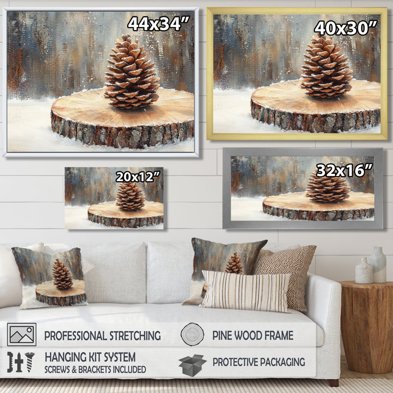 Pinecone In A Winter On A Wood Slide - Pinecone Wall Art, 28" H x 60" W, Cadre flottant noir