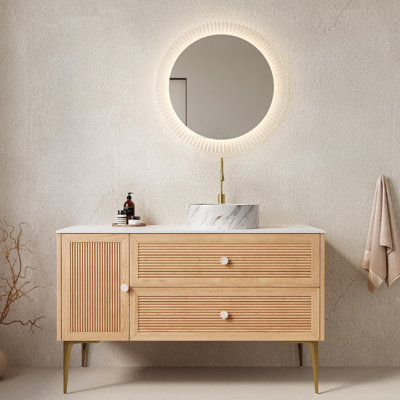 Meuble-lavabo de 36 po avec lavabo, armoire de rangement autoportante en contreplaqué avec 4 pieds en métal, porte et 2 tiroirs, lavabo en céramique blanche avec motif en pierre, sans robinet, pré-assemblé