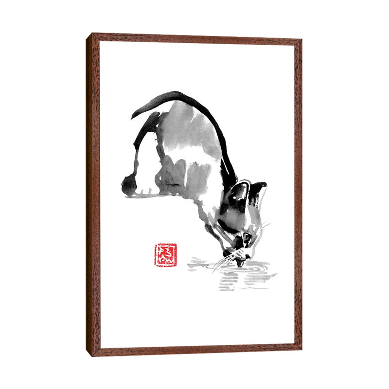 Drinking Cat by Péchane - Print on Canvas, 152.5 cm H x 101.5 cm W, Classic Brown Wood Framed