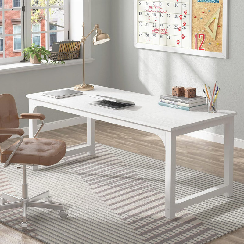 Bureau de direction 70,8 po, grand poste de travail moderne avec structure épaisse en métal, Blanc / blanc