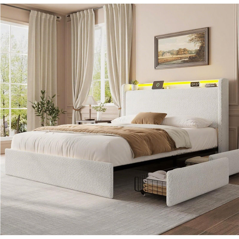 Bed Frame with Headboard, Charging Station, Upholstered Bed Frame with LED Lights, 4 Drawers, Full, White