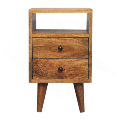 Solid Wood Mini Oak-Ish Classic Nightstand, 2-Drawers, 1 Open Slot, Nordic Legs, Light Brown