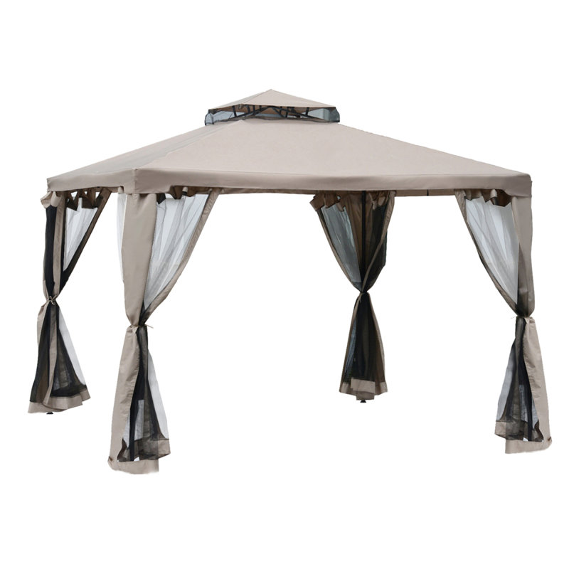 Patio Gazebo, Outdoor Canopy Shelter With 2-Tier Roof And Netting, Steel Frame For Garden, Lawn Backyard, And Deck Taupe