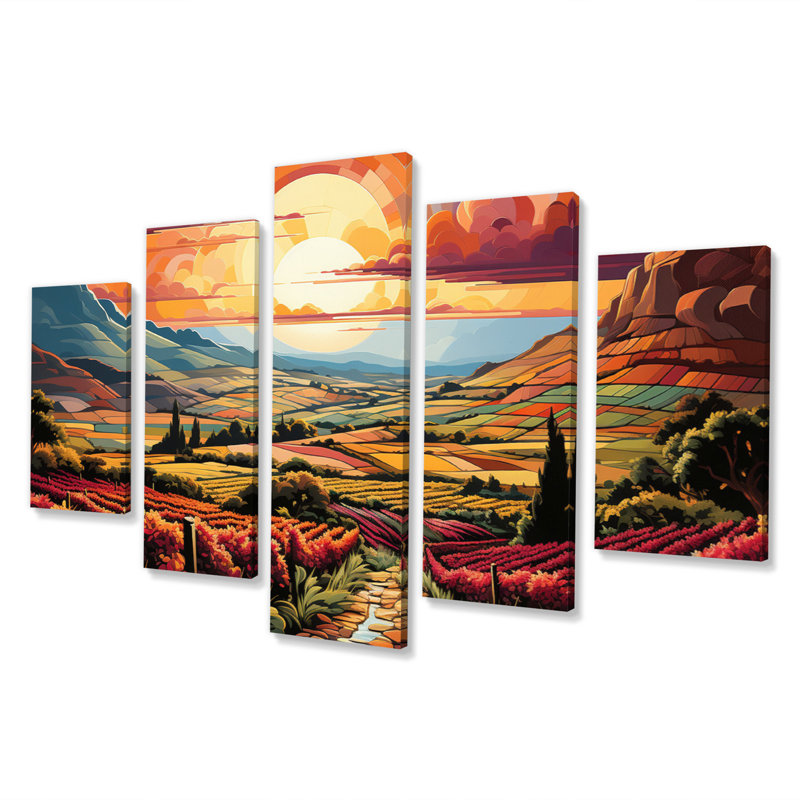 «Vineyard Sunset Rows Of Ruby Landscape II», reproduction sur toile de campagne - 5 panneaux