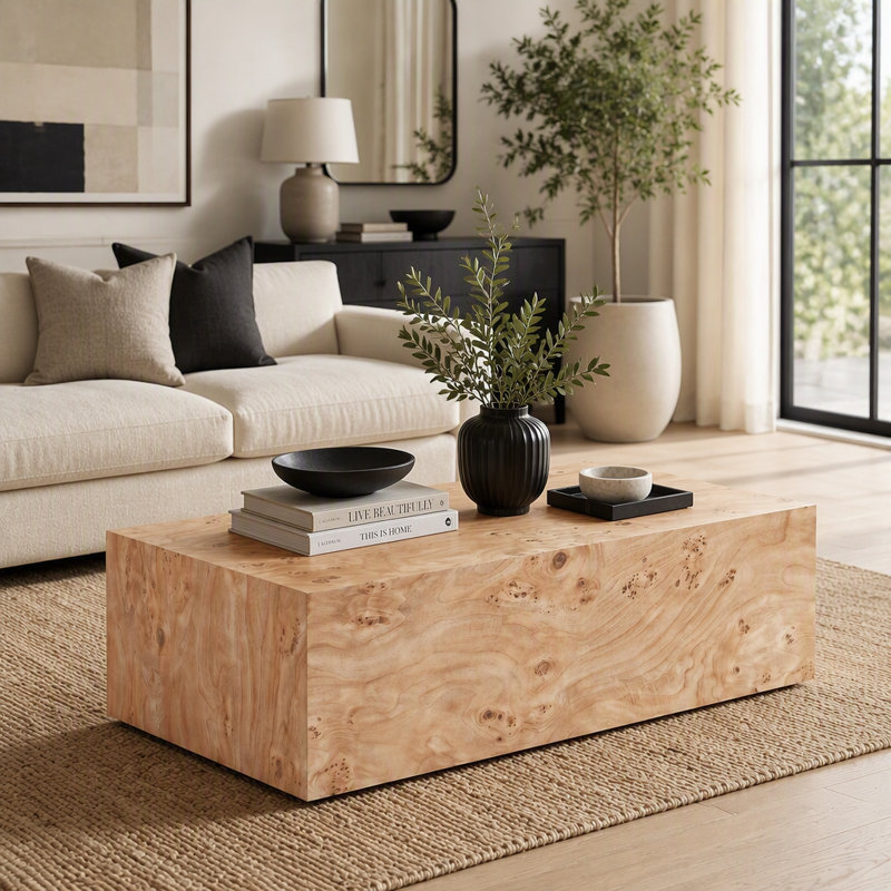 Table basse rectangulaire de style wabi-sabi en MDF grain de bois naturel, H 11,8 po x l 39,4 po x P 21,7 po