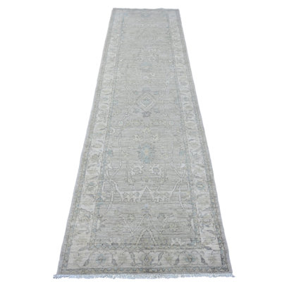 2'8"x10' Oyster Gray, Washed Out Peshawar with All Over Leaf Design, Vegetable Dyes, Hand Knotted, 100% Wool, Runner, Oriental Rug
