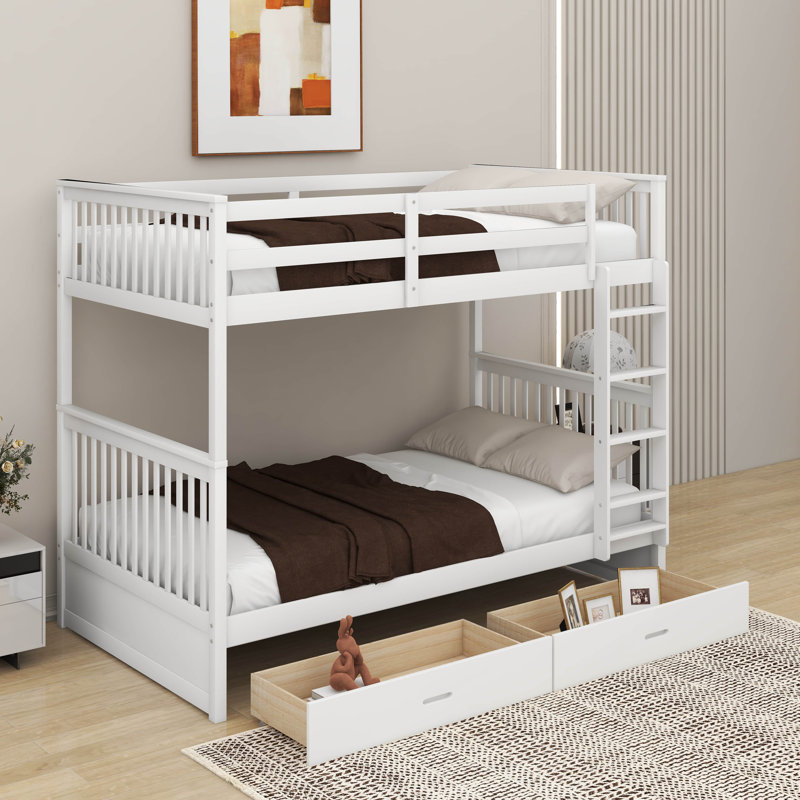 Lit superposé avec échelles et tiroirs, Simple sur simple, Blanc