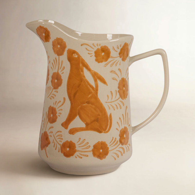 Pichet en grès avec un lapin peint et des fleurs, Brun