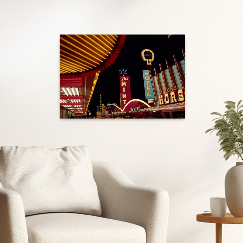 Scène de nuit des années 1960, art mural rétro classique du centre-ville de Las Vegas, 16" H x 24" W