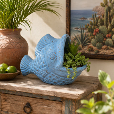 Sculpture de poisson en argile patrimoniale - Jardinière