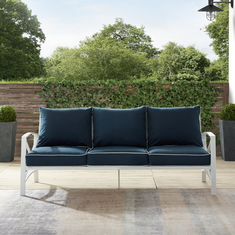 Canapé de patio avec coussins Marple, Blanc, Velours bleu marine
