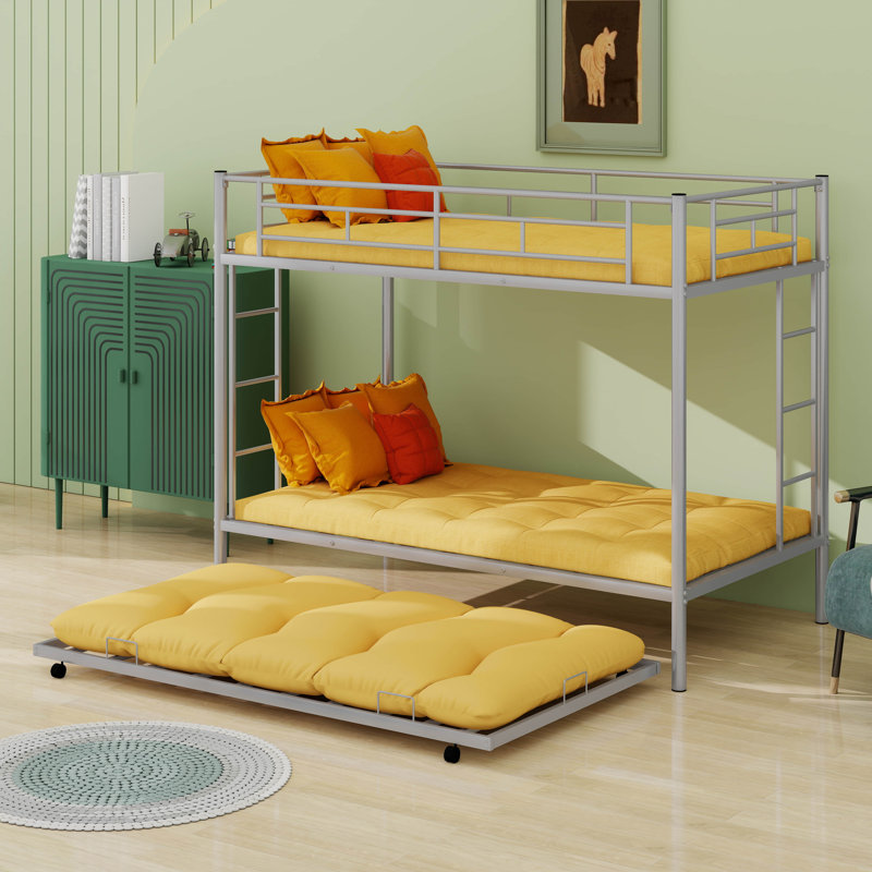 Metal Twin Over Twin Bunk Bed With Trundle, Ladder And Safety Guardrails, Silver
