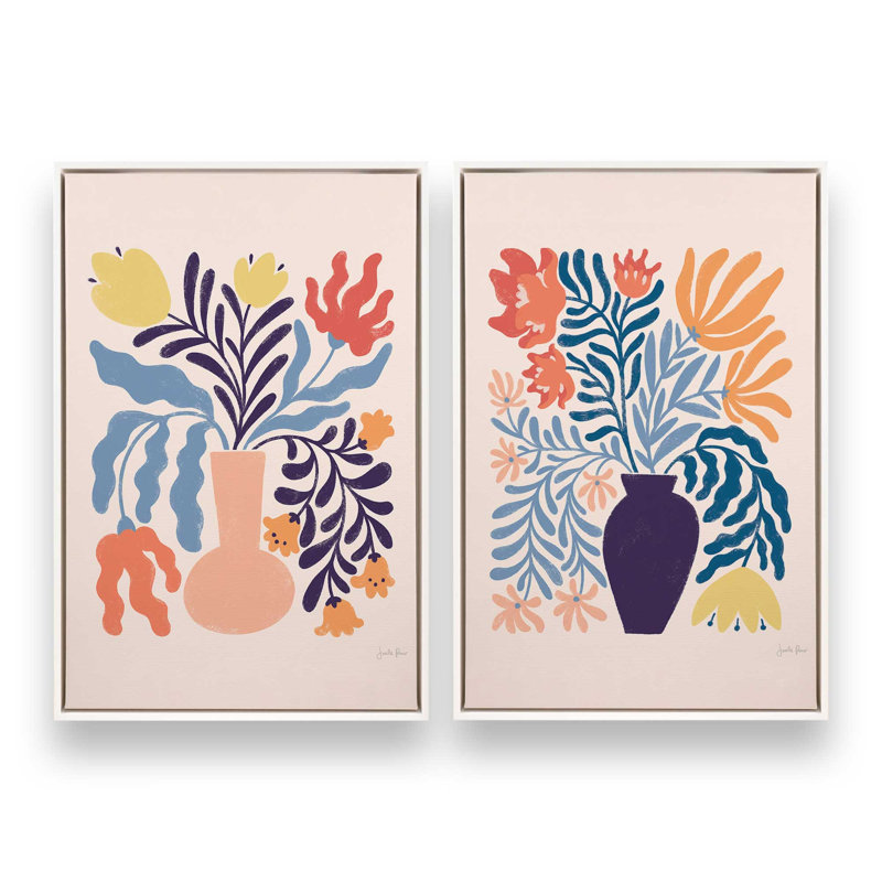 «Playful Garden Vase», ensemble de 2, reproduction sur toile, Cadre flottant blanc opaque, H 36,75 po x l 24,75 po
