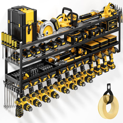 49" W Large Power Tool Organizer Wall Mount Loads 600 Lbs, Heavy Duty 4-Tier 12 Drills Holder, Cordless Tool Storage Battery Shelf, Utility Racks For Garage Workshop Shed, Gifts For Men Husband