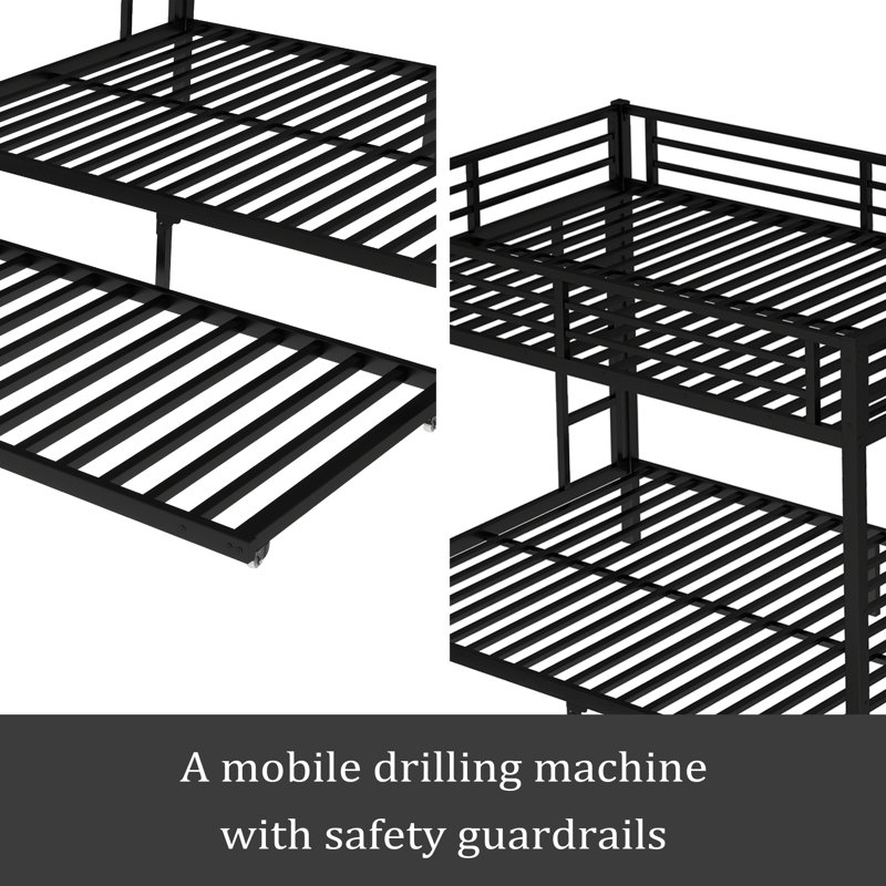 Metal Bunk Bed With Twin Size Trundle, Queen Over Queen